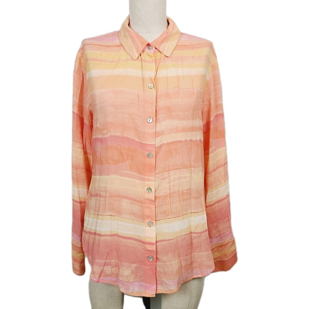 NEW Cloth & Stone Anthropologie Button Front Shirt M Orange Pink Striped Rayon